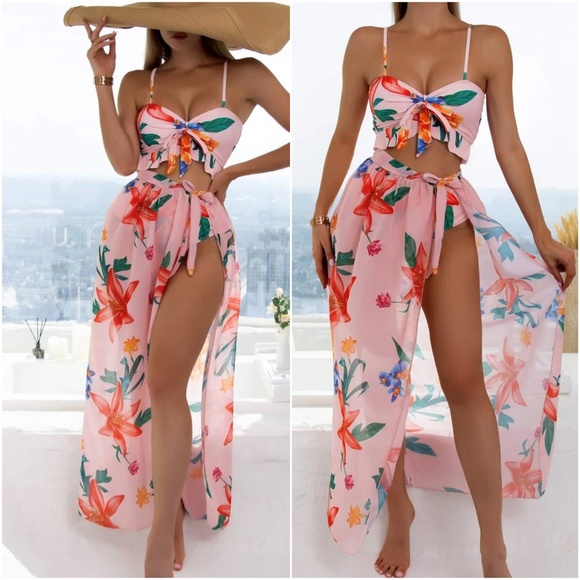 Boho Tropical Floral Print High Waist Bikini Cover up set - Picture 9 of 12
